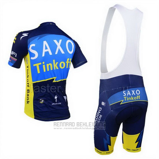 2013 Fahrradbekleidung Tinkoff Saxo Bank Blau und Gelb Trikot Kurzarm und Tragerhose